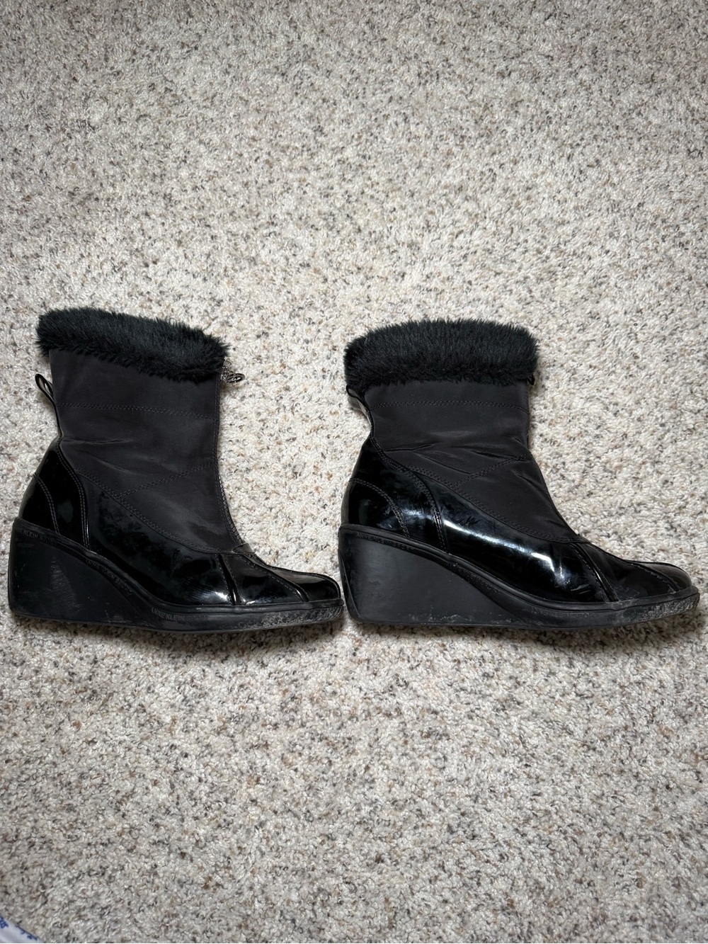Anne Klein Sport Black Wedge Boots with Faux Fur Cuff Zipper Ski Snow Boot